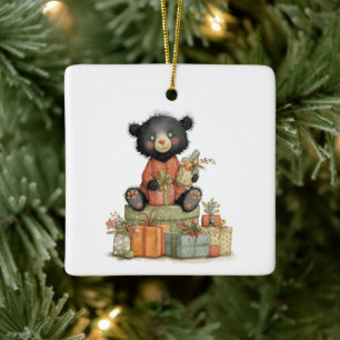 Ornamento De Cerâmica Primeiro Natal do Bebê com Urso Fofo e Presentes