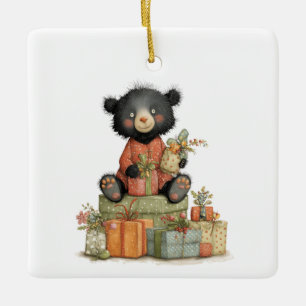 Ornamento De Cerâmica Primeiro Natal do Bebê com Urso Fofo e Presentes
