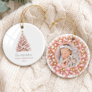 Ornamento De Cerâmica Primeiro Natal do Bebê Coroa de Foto em Rosa e Dou