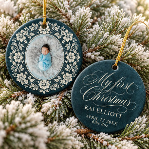 Ornamento De Cerâmica Primeiro Natal do Bebê Creme Renda Azul Marinho
