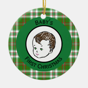 Ornamento De Cerâmica Primeiro Natal do Bebê de Cabelo Castanho Vintage