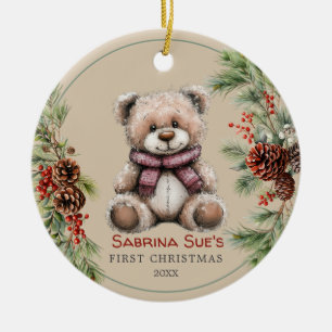 Ornamento De Cerâmica Primeiro Natal do Bebê de Urso Bonito Personalizad