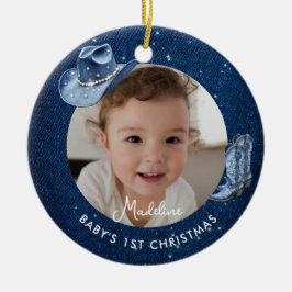 Ornamento De Cerâmica Primeiro Natal do Bebê Denim Diamantes Cowgirl Rús