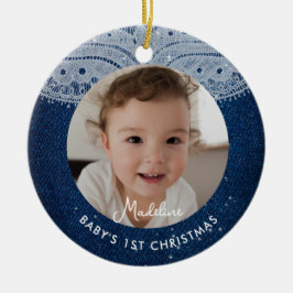 Ornamento De Cerâmica Primeiro Natal do Bebê Denim Diamantes Renda Rústi