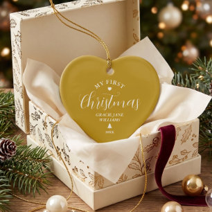 Ornamento De Cerâmica Primeiro Natal do Bebê Dourado Presente Personaliz