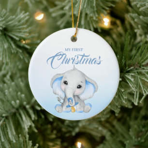 Ornamento De Cerâmica Primeiro Natal do Bebê Elefante Azul