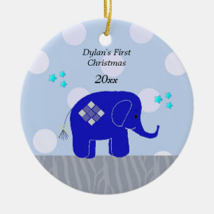 Ornamento De Cerâmica Primeiro Natal do Bebê Elefante Azul