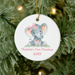Ornamento De Cerâmica Primeiro Natal do Bebê Elefante Rosa Aquarela Laço