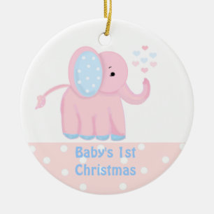 Ornamento De Cerâmica Primeiro Natal do Bebê Elefante Rosa Doce