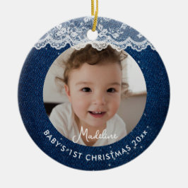 Ornamento De Cerâmica Primeiro Natal do Bebê em Denim com Renda Rústica