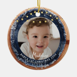 Ornamento De Cerâmica Primeiro Natal do Bebê em Jeans com Luz de Madeira