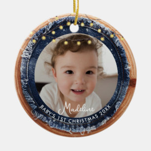 Ornamento De Cerâmica Primeiro Natal do Bebê em Jeans com Luz de Madeira
