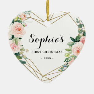 Ornamento De Cerâmica Primeiro Natal do Bebê Floral Geométrico