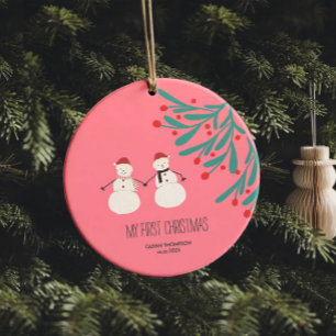 Ornamento De Cerâmica Primeiro Natal do Bebê - fofo Duo de Boneco de Nev
