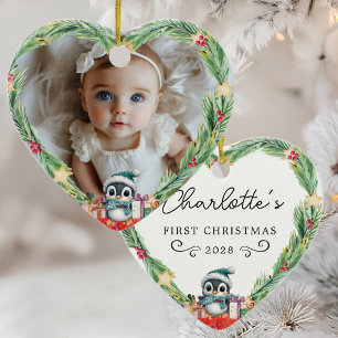 Ornamento De Cerâmica Primeiro Natal do Bebê - Foto de Coração e Pinguim