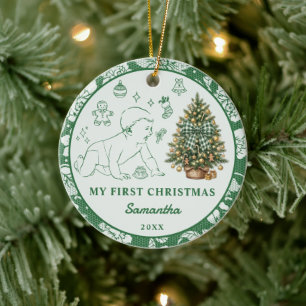 Ornamento De Cerâmica Primeiro Natal do Bebê Foto em Renda Verde Florest