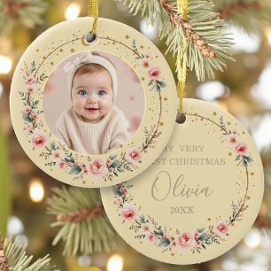 Ornamento De Cerâmica Primeiro Natal do Bebê Foto Estrelas Celestiais Do