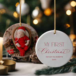 Ornamento De Cerâmica Primeiro Natal do Bebê Foto Lembrança Vermelha
