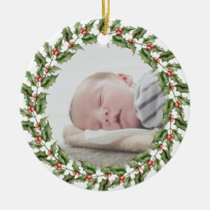 Ornamento De Cerâmica Primeiro Natal do Bebê Foto Moldura de Azevinho