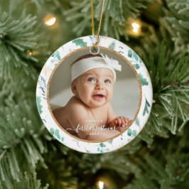 Ornamento De Cerâmica Primeiro Natal do Bebê Foto Personalizada Aquarela