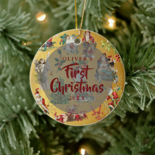 Ornamento De Cerâmica Primeiro Natal do Bebê Foto Vintage Dourado 