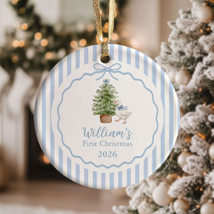 Ornamento De Cerâmica Primeiro Natal do Bebê Ganso Bobo Azul