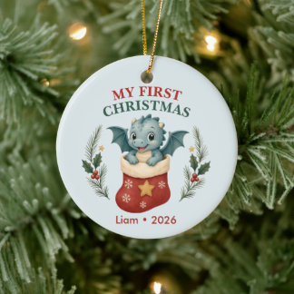 Ornamento De Cerâmica Primeiro Natal do Bebê Menino Dragão Personalizado