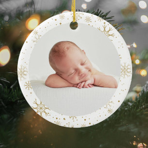 Ornamento De Cerâmica Primeiro Natal do Bebê Moderno Foto Flocos de Neve