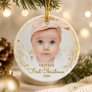 Ornamento De Cerâmica Primeiro Natal do Bebê Nome Ano Dourado