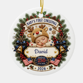 Ornamento De Cerâmica Primeiro Natal do Bebê Personalizado América 250