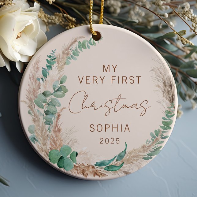 Ornamento De Cerâmica Primeiro Natal do Bebê Personalizado Boho (Criador carregado)