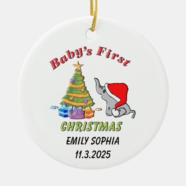 Ornamento De Cerâmica Primeiro Natal do Bebê Personalizado com Elefante (Frente)