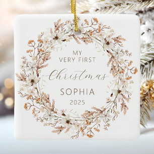 Ornamento De Cerâmica Primeiro Natal do Bebê Personalizado com Flores Si