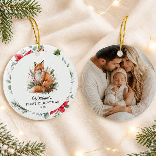 Ornamento De Cerâmica Primeiro Natal do Bebê Personalizado com Raposa em