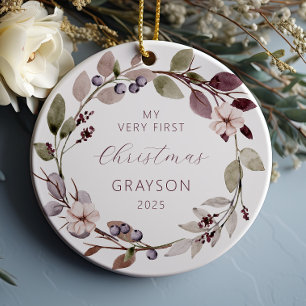 Ornamento De Cerâmica Primeiro Natal do Bebê Personalizado Coroa Roxa