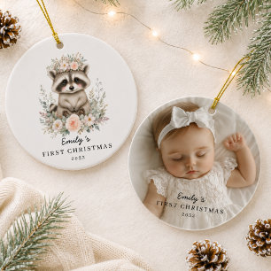 Ornamento De Cerâmica Primeiro Natal do Bebê Personalizado Foto Guaxinim