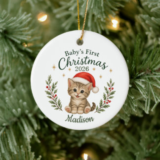 Ornamento De Cerâmica Primeiro Natal do Bebê Personalizado "Gato"