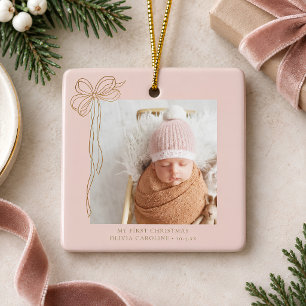 Ornamento De Cerâmica Primeiro Natal do Bebê Personalizado Rosa Blush Fo