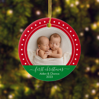 Ornamento De Cerâmica Primeiro Natal do Bebê Pontos Vermelhos e Verdes