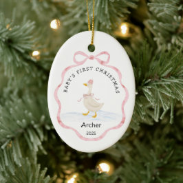 Ornamento De Cerâmica Primeiro Natal do Bebê Rosa Fita Goose Aquarela