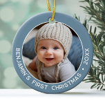 Ornamento De Cerâmica Primeiro Natal do bebê - Simples Denim Pastel Azul<br><div class="desc">Adicione uma foto a este adorável ornamento de feriado - perfeito para meninas. Uma simples borda azul clara denim faz um ornamento memorável para sua árvore. Uma fonte moderna mínima para o ano com um lugar para carregar uma foto quadrada.</div>
