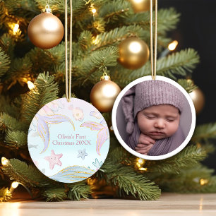 Ornamento De Cerâmica Primeiro Natal do bebê sob o mar Foto da Sereia