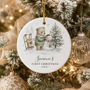Ornamento De Cerâmica Primeiro Natal do Bebê Urso da Floresta Personaliz