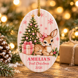 Ornamento De Cerâmica Primeiro Natal do Bebê Veado Personalizado