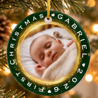 Ornamento De Cerâmica Primeiro Natal do Bebê Verde Dourado Lembrança de