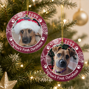 Ornamento De Cerâmica Primeiro Natal do Cachorro Flocos de Neve 2 Fotos