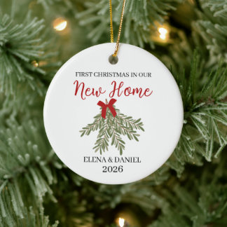 Ornamento De Cerâmica Primeiro Natal do Casal em Nova Casa com Ramalhete