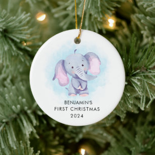 Ornamento De Cerâmica Primeiro Natal do Elefante de Aquarela Fofa do Beb