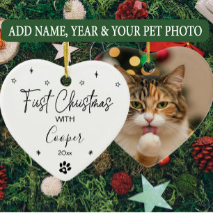 Ornamento De Cerâmica Primeiro Natal do Gato Nome Personalizado e Foto