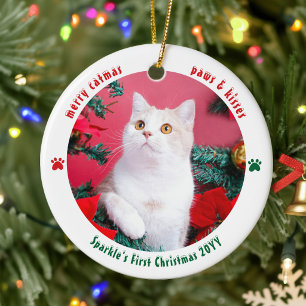 Ornamento De Cerâmica Primeiro Natal do Gato Personalizado 2 Fotos Pet